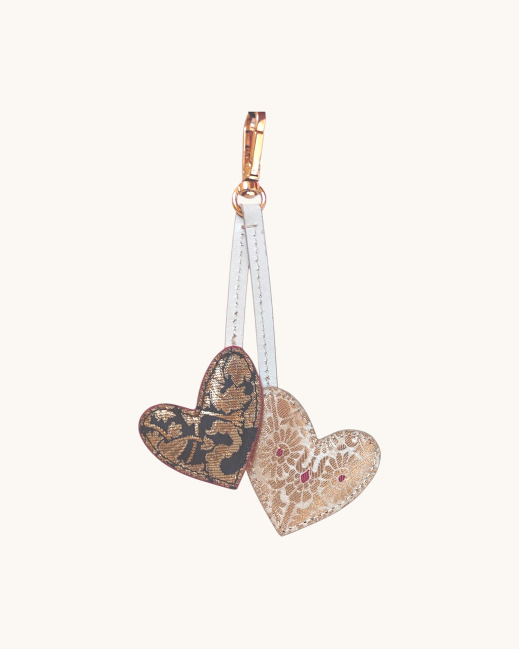 Heart Charms Squared (Ivory dust & Off White Brocade Banarasi + Midnight Onyx & Red Faux Suede)
